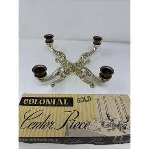 Vintage Gold Colonial Centerpiece Candle Holders Candelabras in Box Plastic USA